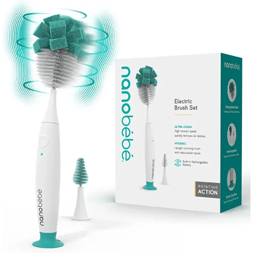 Nanobebe E-Brush Baby Bottle Cleaner - Electric Bottle Cleaning Brush, Baby Accessories, and Sippy Cups - Rechargeable, Includes Replaceable Brush Head