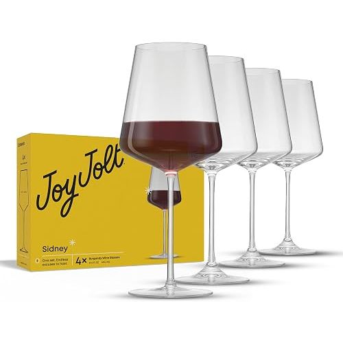 JoyJolt Sidney Burgundy Wine Glasses Set of 4 | 22.5 oz Stemmed Large Red Wine Glasses | Modern Home Bar Glass Set (Clear) | Premium Crystal Stemware Made in Europe