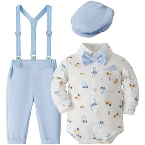 Volunboy Baby Boy Clothes Set Infant Gentleman Wedding Outfits Dress Romper Ring Bearer Beret Hat Suspenders Bowtie Suits