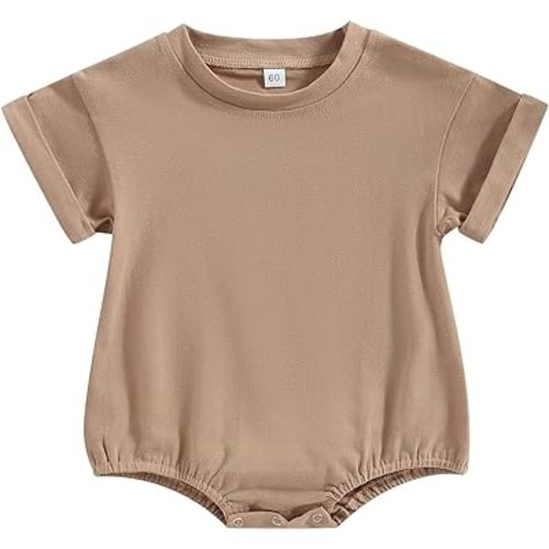 AEEMCEM Unisex Baby Boy Girl Solid Color Short Sleeve Bubble Romper Oversized T-Shirt Romper Bodysuit Top Summer Clothes - A-khaki - 0-6 Months