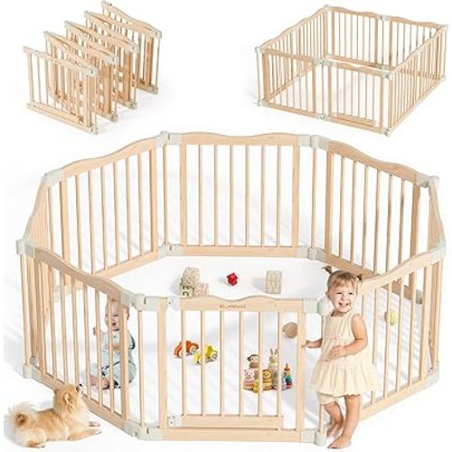 Foldable Wooden Playpen - Adjustable Wood Baby Play Yard 1 Panels