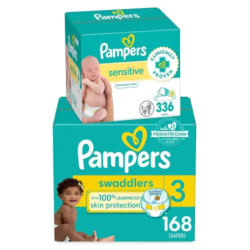 Diapers Size 3, 168 Count and Baby Wipes - Pampers Swaddlers Disposable Baby Diapers and Water Baby Wipes Sensitive Pop-Top Packs, 336 Count (Packaging May Vary)