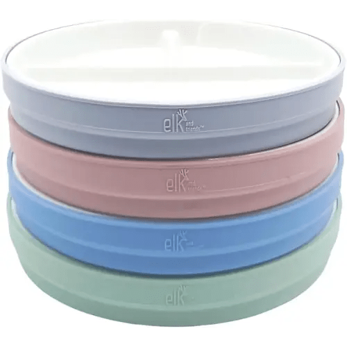 Elk and Friends Kids 7.8” Porcelain White Plates with Silicone Sleeves | Divided Plates | Suitable for Kids/Toddlers | Microwave & Dishwasher Safe | Non Slip | Snack Dishes…