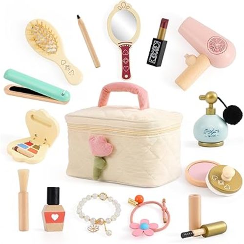Atoylink Wooden Makeup Toy Set, 15Pcs Hair Salon Girl Toys Toddler Pretend Play Makeup Kit with Plush Makeup Bag Princess Beauty Realistic Accessories for Girls Age 3 4 5 6 Birthday Gifts