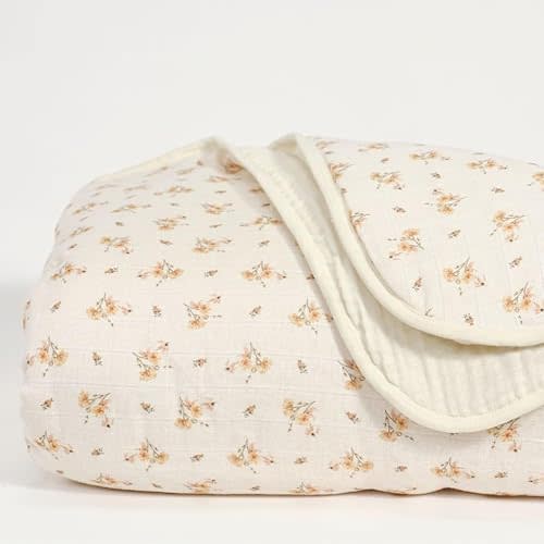 Oilo 100% Organic Premium Cotton Muslin Crib Quilt (45" x 60") Print and Solid Sides, Extra-Soft & Lightweight, Fits Toddler Beds, Heirloom Organic Collection, Cream & Peach Flowers, Dainty Floral