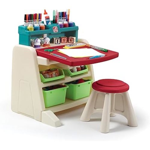 Step2 Flip & Doodle Easel Desk With Stool, Kids 2 in 1 Activity Table, Art Board, Made of Durable Plastic, For Toddlers 2+ Years Old