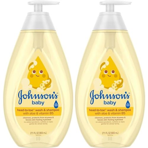 Johnson's Baby Head-To-Toe Baby Wash&Shampoo + Aloe&Vitamin B5, 2-in-1 Bath Wash Gently Cleanses Newborn's Delicate Skin&Hair,Hypoallergenic,No Added Parabens,Dyes-&Sulfates, 27.1 fl. Oz (Pack of 2)