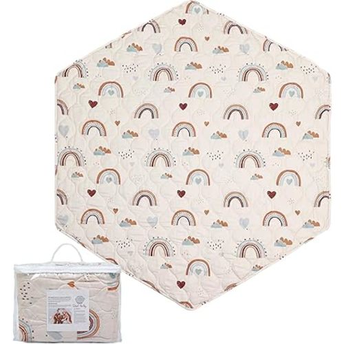 Hexagon Playpen Mat 59inch Compatible with POP 'N GO Baby Playpen and California Beach Co Playpen, 59 Inch Hexagon Mattress Pad, Non Slip and Cushion Play Mat Boho Rainbow (59 inch 6-Panel)