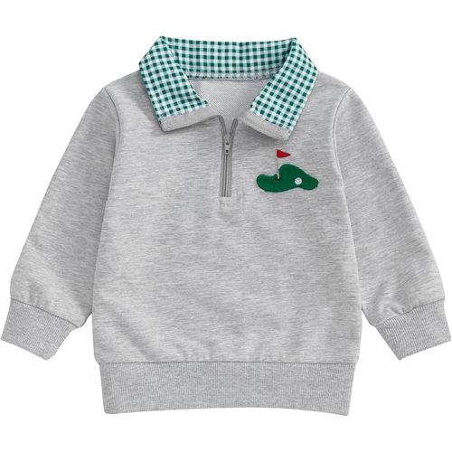 Toddler Baby Boy Golf Outfit Long Sleeve Hole In One Embroidery Polo Sweatshirt Plaid Lapel Quarter Zip Pullover Top