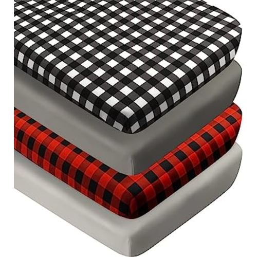 4 Pack Buffalo Check Plaid Neutral Unisex Fitted Baby Crib Sheets Set for Baby Boys or Girls (Black)