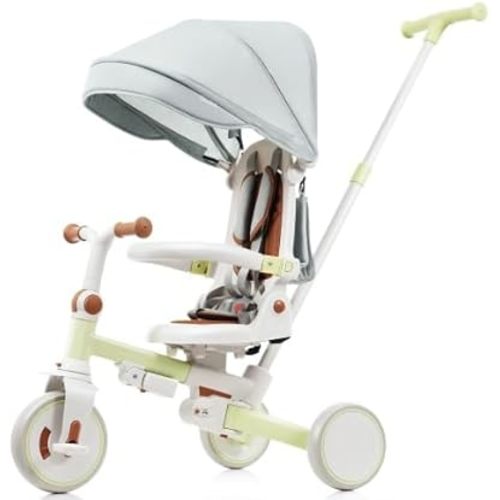 7 in 1 Baby Tricycle, Foldable Toddler Tricycle with Removable and Adjustable Parent Handle, Toddler Push Bike with Removable Pedal, Canopy, and Guardrail, Tricycle for 12-72 Months (Green)