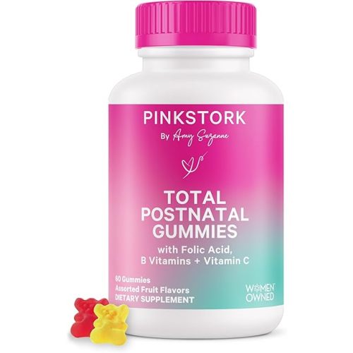 Pink Stork Total Postnatal Vitamin Gummies - Multivitamin for Postpartum Recovery and Lactation Support - Folic Acid, B6, & Vitamin C - Breastfeeding Essentials - 60 Gummy Vitamins