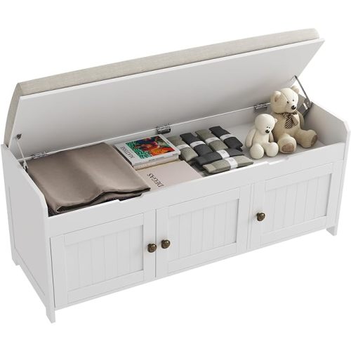 HOMEFORT 41.3" Shoe Bench with Lift Top Storage, Entryway Storage Bench with Cushioned Seat, Wooden End of Bed Bench, Shoe Cabinet Bench with Hidden Storage Space, for Bedroom, Hallway(White) - 41.3"Wx14.9"D x18.1"H