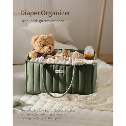 Blissful Diary Baby Diaper Caddy Organizer, Stylish Storage Basket for Newborn Essentials and Diaper Station, Gift for Baby Shower and Registry Must-Have, Deep Green