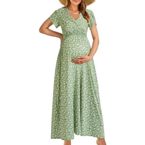 OUGES Maternity Maxi Dress Wrap V Neck Baby Shower Pregnancy Dresses for Photoshoot