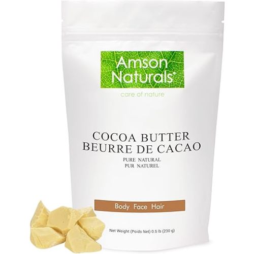 Cocoa Butter 0.5 lb / 230 g (Food Grade) - Pure Unrefined Raw - a Natural moisturizer for Body Face Hand Foot Nail Hair-Fresh Supreme Quality Amson Naturals.