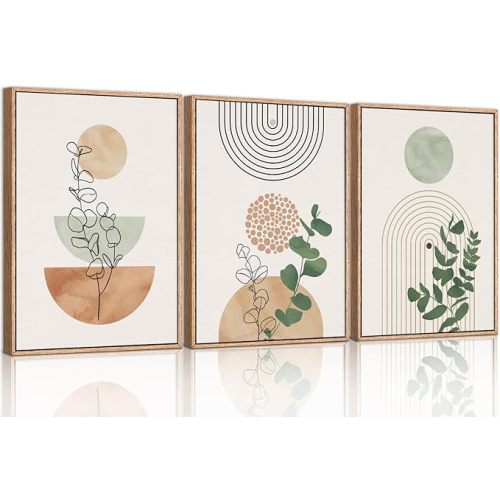 Ausril Boho Terracotta Green Framed Canvas Wall Art Set, Abstract Bohemian Wall Decor, Mid Century Modern Geometric Wall Painting, Neutral Botanical Art Print Living Room, Bedroom, Office 16"x24"x3