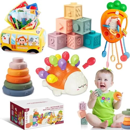 Amazon.com: Montessori Toys for Babies 6-12 Months, 5 in 1 Baby Toys 6 to 12 Months, Stacking Blocks Rings, Infant Tissue Box Toy Pull String Toy, Fine Motor Sensory Toys Birthday Gift for Toddlers 1 2 3 Year Old : Toys & Games