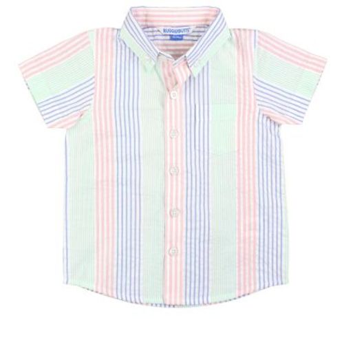 RuggedButts Infant Button Collar Short Sleeve Button Down Shirt - Multi-color Seersucker, Size: 6-12m