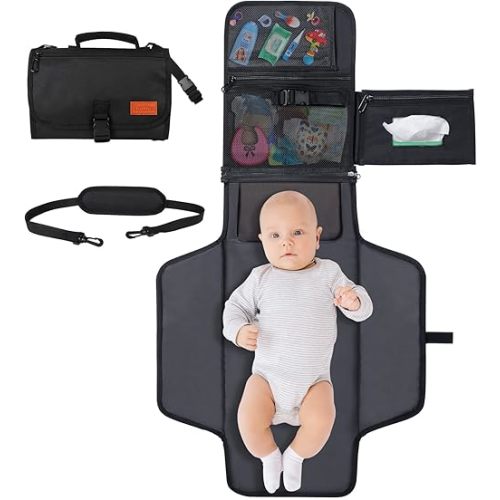 Portable Diaper Changing Pad, Newborn Diaper Changing Pad Baby Changing Pad with Smart Wipes Pocket Waterproof Travel Changing Kit for Girl Boy Baby Shower Gifts (Black)