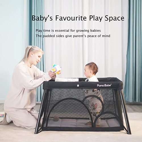 Pamo Babe Travel Crib, Portable Crib for Baby Lightweight Baby Travel Playpen, Foldable Travel Playard with Comfortable Mattress for Babies (Black)