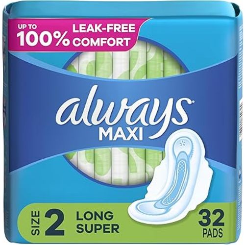 Always Maxi Feminine Pads For Women, Size 2 Long Super Absorbency, With Wings Unscented, 32 Count