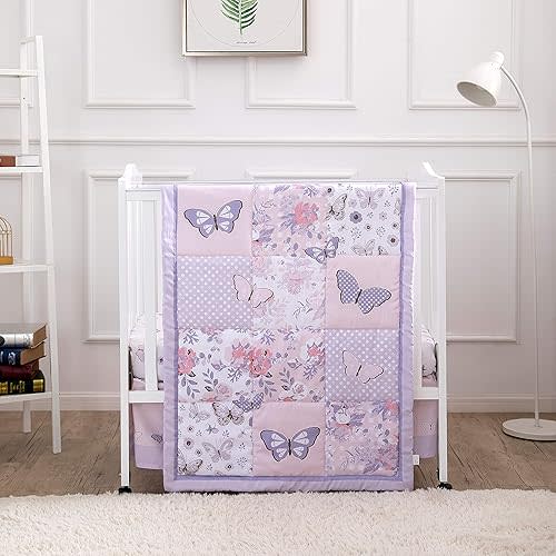 La Premura Baby Mini Crib Bedding Set for Girls, Pastel Purple Butterfly, 3 Piece Crib Set for Nursery Portable Crib, Purple and Pink