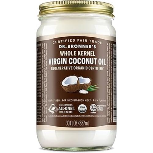 Dr. Bronner's - Organic Virgin Coconut Oil (Whole Kernel, 30 Ounce) - Coconut Oil for Cooking, Baking, Hair and Body, Unrefined and Fresh-Pressed, Rich and Nutty Flavor, Fair Trade, Vegan, Non-GMO