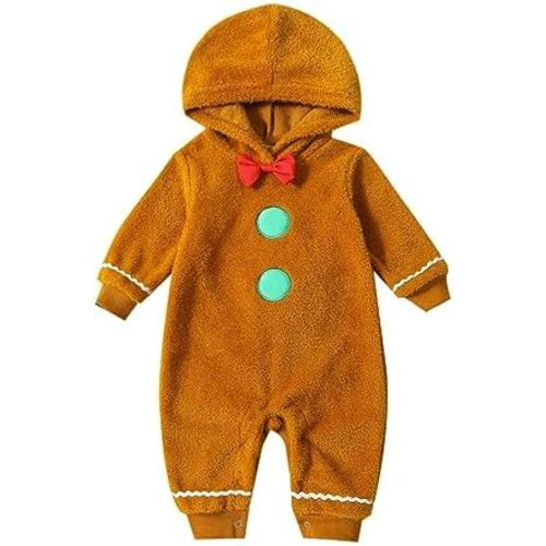 Baby Boys Girls Christmas Gingerbread Clothes Fuzzy One-piece Long Sleeve Hooded Romper Jumpsuit Cosplay Outfit
