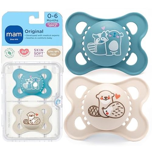 MAM Original Baby Pacifier 0-6 Mths, Skin Soft Silicone Nipple, 2 Pack