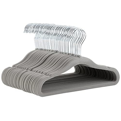 Amazon Basics Kids Velvet, Non-Slip Clothes Hangers for Infant and Toddler, 11.6 Inches (for baby clothes), Pack of 50, Gray