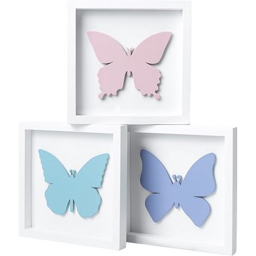 TideAndTales 3D Butterfly Room Decor for Girls, Set of 3 (7”x7”) Framed Wooden Wall Art for Nursery, Nature-Inspired Bedroom Decorations, Butterfly Decor for Baby Girl, Perfect Baby Gift