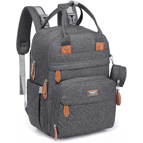 BabbleRoo Diaper Bag Backpack - Multi function Waterproof Diaper Bag, Travel Essentials Baby Tote with Changing Pad, Stroller Straps & Pacifier Case - Unisex, Dark Gray
