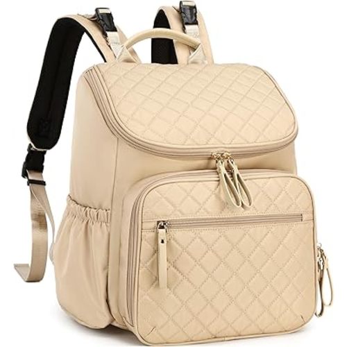 Large Capacity Diaper Bag with Stroller Buckle, Water-Resistant Travel Backpack with Insulated Pockets (Nylon, Beige)