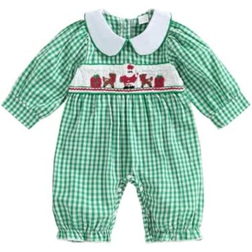 Thorn Tree Newborn Baby Boy Outfit Dinosaur Embroidery Plaid Long Sleeve Romper Fall Infant Smocked Clothes