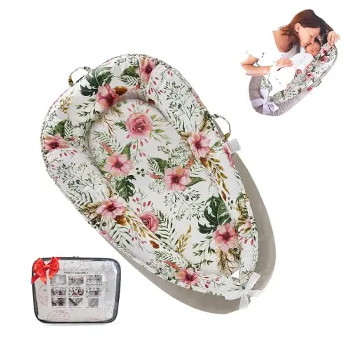 Baby Lounger for Newborn Cotton,Baby Nest Diaper Changing Pads for Babies with Handles,Newborn Lounger Adjustable Size & Inner Zipper Lengthen Space to 24 Months(Grey-Edged Flower Bouquet)