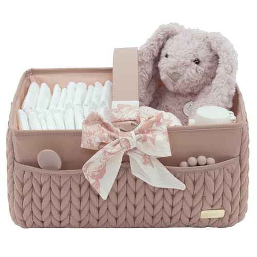 LUKJOJO Luxurious Baby Diaper Caddy, Nursery Storage Basket for Newborn Boy and Girl, Travel Baby Basket for Diapers Baby Wipes, Organizer Tote Bag Storage Bin, Baby Shower Gifts(dusty rose)