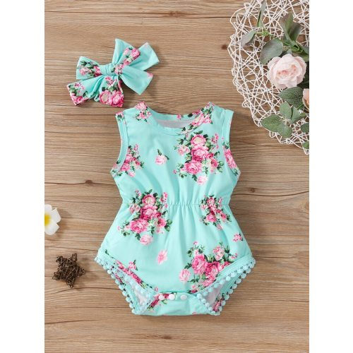 Baby Floral Print Bodysuit With Headband: 3-6 Months