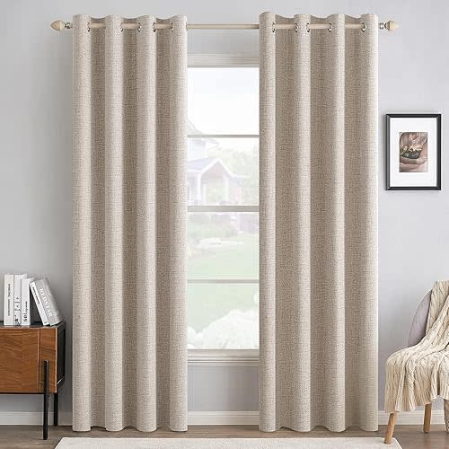 MIULEE Linen Textured Curtains Solid 100% Blackout for Bedroom Thermal Insulated Natural Grommet Room Darkening Curtains & Drapes Luxury Decor for Living Room Nursery 52 x 72 Inch (2 Panels)