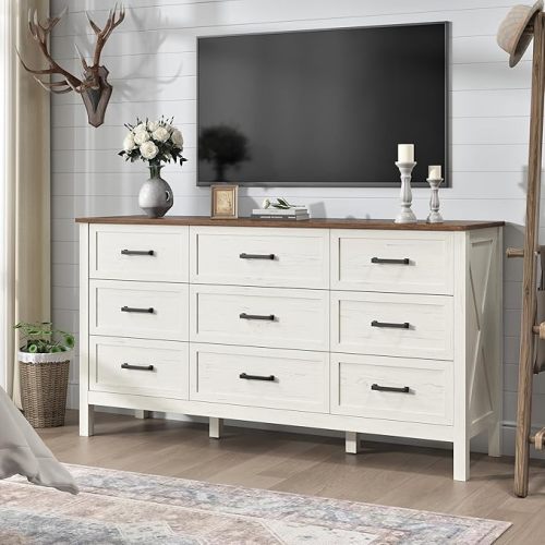 Farmhouse Dresser for Bedroom, 9 Drawers Dresser with Natural Texture, Large Wood Rustic Wide Chest for Bedroom, Hallway, Entryway, Antique White