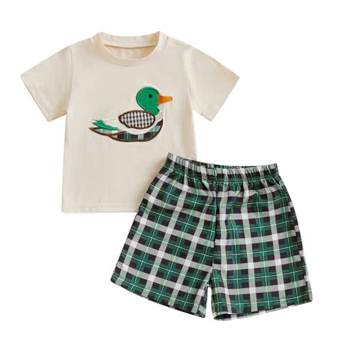 Aiwpstoin Toddler Baby Boy Summer Outfits Embroidered Short Sleeve T Shirt Top Plaid Gingham Boxer Shorts Set
