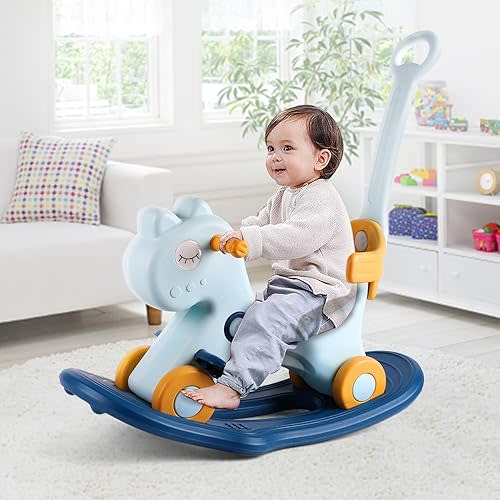 4 in 1 Rocking Horse for Toddlers 1-3 Years Old, Baby Rocking Toy Fun Birthday Gift for 1+ Boys, Ride on Toy with Detachable Balance Board and Footrest，Balance Bike with Push Handle，Blue