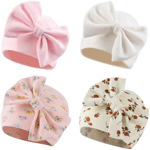 Newborn Baby Girl Hat Cotton Baby Bow Beanie Preemie Hats Spring Infant Hats for Girls 0-12 Months