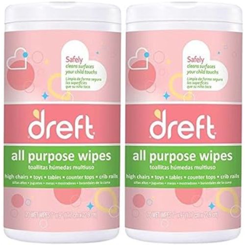 Dreft Multi-Surface All-Purpose Gentle Cleaning Wipes for Baby Toys, Car Seat, High Chair & More, 70 Count, Pack of 2