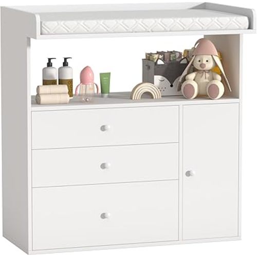 Baby Changing Table Dresser with Wide Tabletop, 3 Drawers & 1 Cabinet, 1 Storage Cubbies，Baby Dresser with Changing Table Top, Perfect for Baby Bedrooms & Nurseries