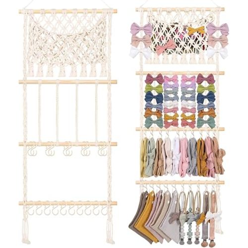 POVETIRE Headband Holder Hair Bow Organizer for Girls,Macrame Bow Holder Hair Accessories Organizer Storage Large Capacity Wall Hanging for Toddler Girl Nursery Room Decor