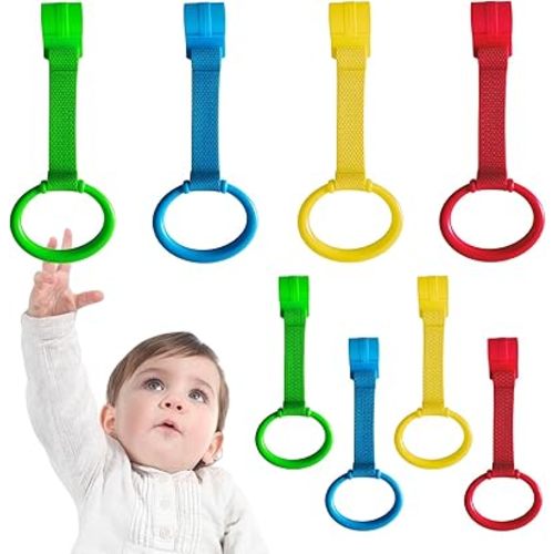 8Pcs Baby Playpen Pull up Rings, Premium Baby Pull up Rings for Play Pen Standing up, Plastic Safety Walking Exercises Assistant Rings for Infants Babies Toddler, 4 Colors.