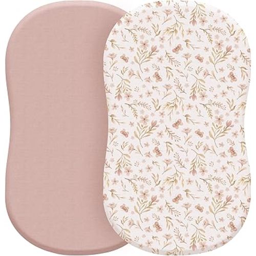 Konssy 2 Pack Stretchy Bassinet Sheets for Baby Girl Boy, Soft Breathable Baby Bassinet Mattress Sheets Fit for Hourglass Oval Cradle, Moses Basket Rectangle Mattress (Pink Spring,Pink)