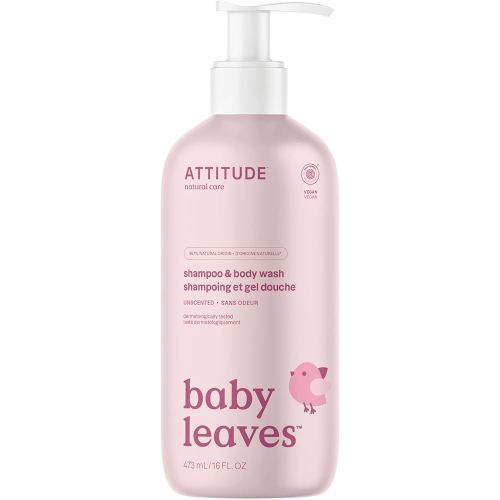 ATTITUDE 2-in-1 Shampoo and Body Wash for Baby, Fragrance-Free EWG Hypoallergenic Plant- and Mineral-Based Ingredients, Vegan and Cruelty-Free, Unscented, 16 Fl Oz