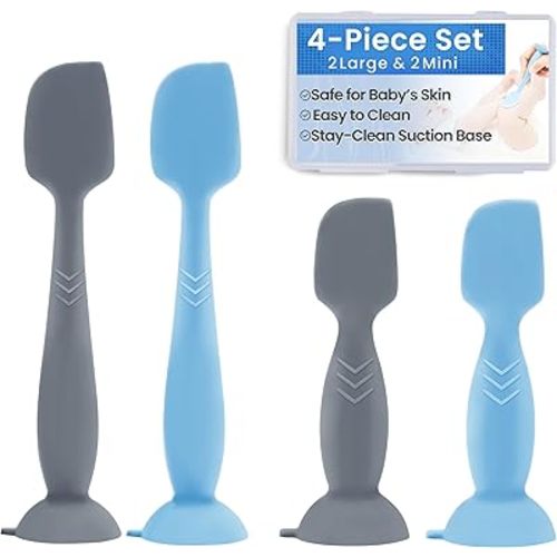 4-Pack Diaper Cream Spatula – Soft-Flex Silicone Butt Spatula for Babies, 2 Large & 2 Mini with Travel Case, Gentle Yet Firm Tip for Smooth, Even Diaper Rash Cream Application, Newborn Baby Essential